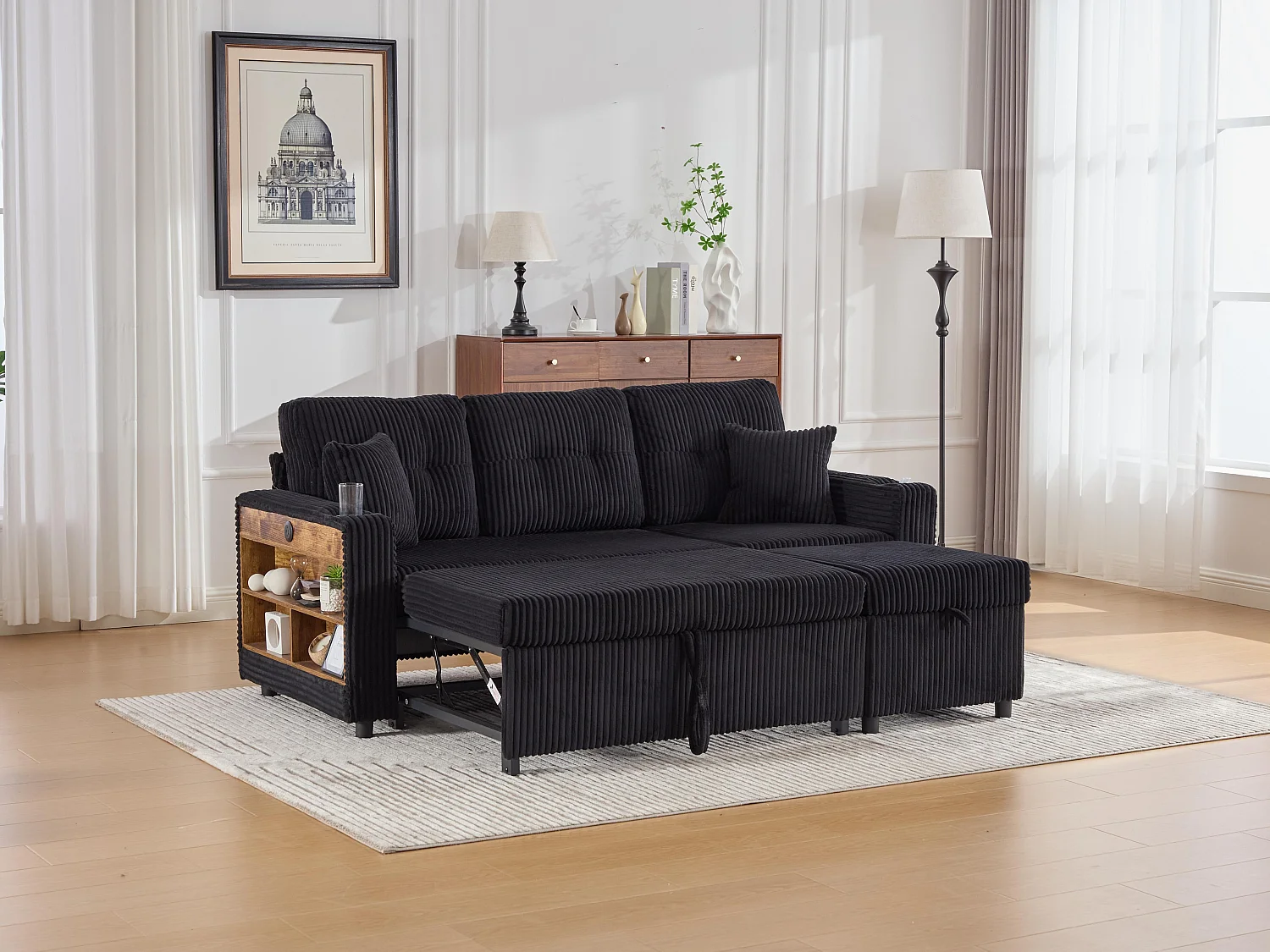 Allurex 2.0 - Canapé 3 Places Convertible - Canapé d’angle Modulable - Pouf Amovible et Rangements - USB et Type-C - Avec LED - Parfait Studio et Appartement