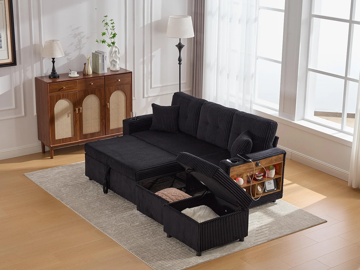 Allurex 2.0 - Canapé 3 Places Convertible - Canapé d’angle Modulable - Pouf Amovible et Rangements - USB et Type-C - Avec LED - Parfait Studio et Appartement