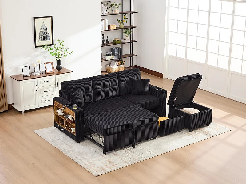 Allurex 2.0 - Canapé 3 Places Convertible - Canapé d’angle Modulable - Pouf Amovible et Rangements - USB et Type-C - Avec LED - Parfait Studio et Appartement