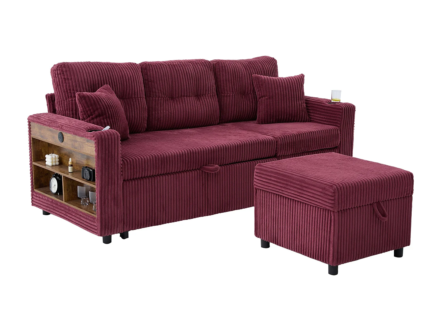 Allurex 2.0 - Canapé 3 Places Convertible - Canapé d’angle Modulable - Pouf Amovible et Rangements - USB et Type-C - Avec LED - Parfait Studio et Appartement