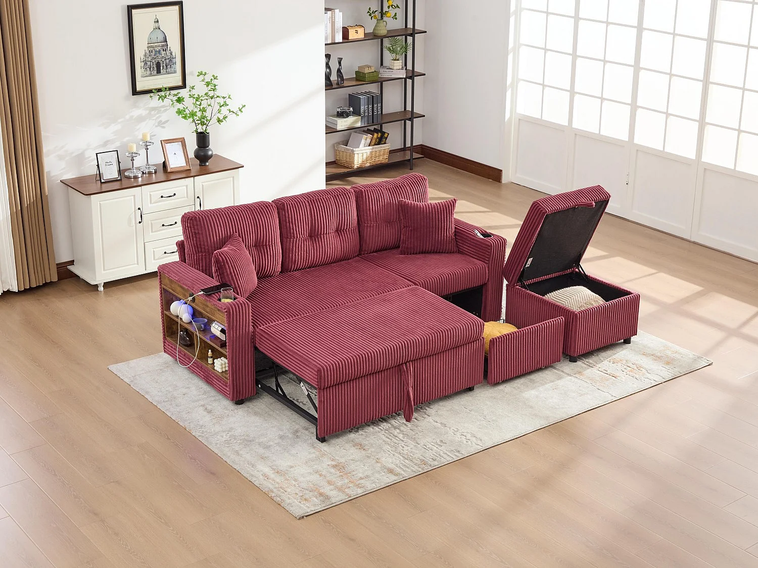 Allurex 2.0 - Canapé 3 Places Convertible - Canapé d’angle Modulable - Pouf Amovible et Rangements - USB et Type-C - Avec LED - Parfait Studio et Appartement