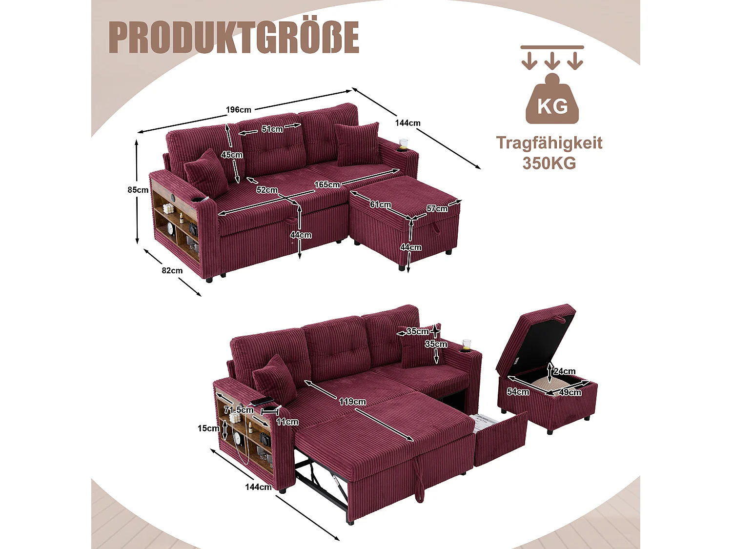 Allurex 2.0 - Canapé 3 Places Convertible - Canapé d’angle Modulable - Pouf Amovible et Rangements - USB et Type-C - Avec LED - Parfait Studio et Appartement