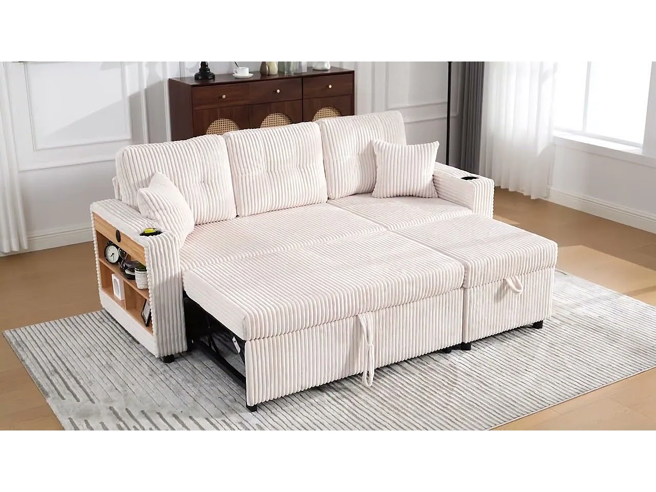 Canapé d'angle modulable 235 cm - Réversible avec méridienne - Velours côtelé - Mousse haute densité + ressorts - 2 coussins offerts - Fuchsia