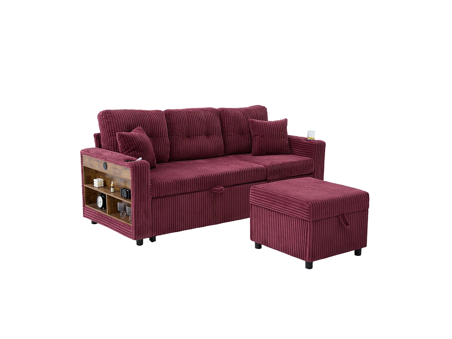 Canapé d'angle modulable 235 cm - Réversible avec méridienne - Velours côtelé - Mousse haute densité + ressorts - 2 coussins offerts - Fuchsia