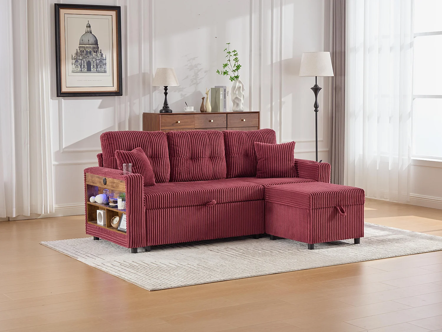 Canapé d'angle modulable 235 cm - Réversible avec méridienne - Velours côtelé - Mousse haute densité + ressorts - 2 coussins offerts - Fuchsia