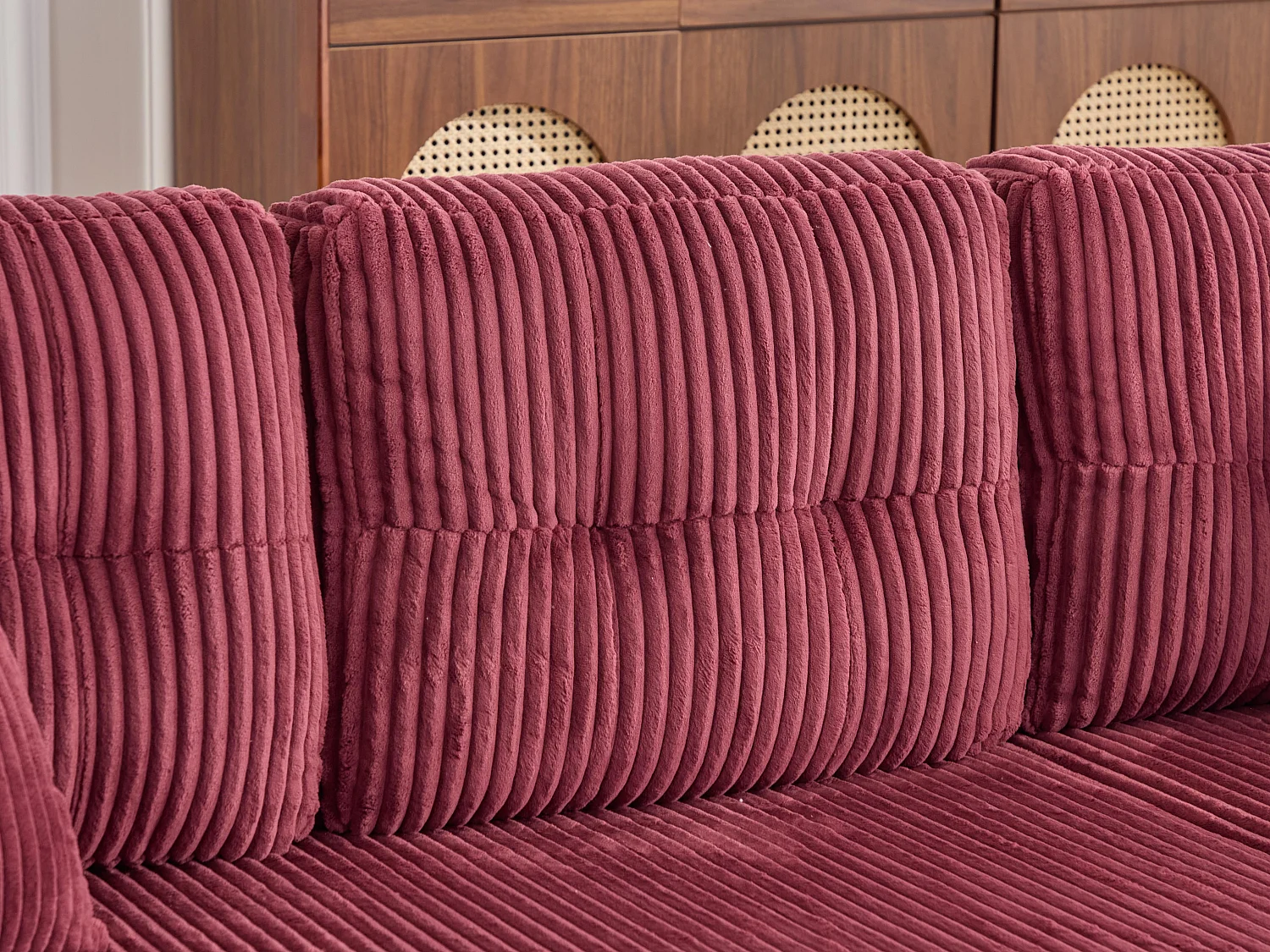 Canapé d'angle modulable 235 cm - Réversible avec méridienne - Velours côtelé - Mousse haute densité + ressorts - 2 coussins offerts - Fuchsia
