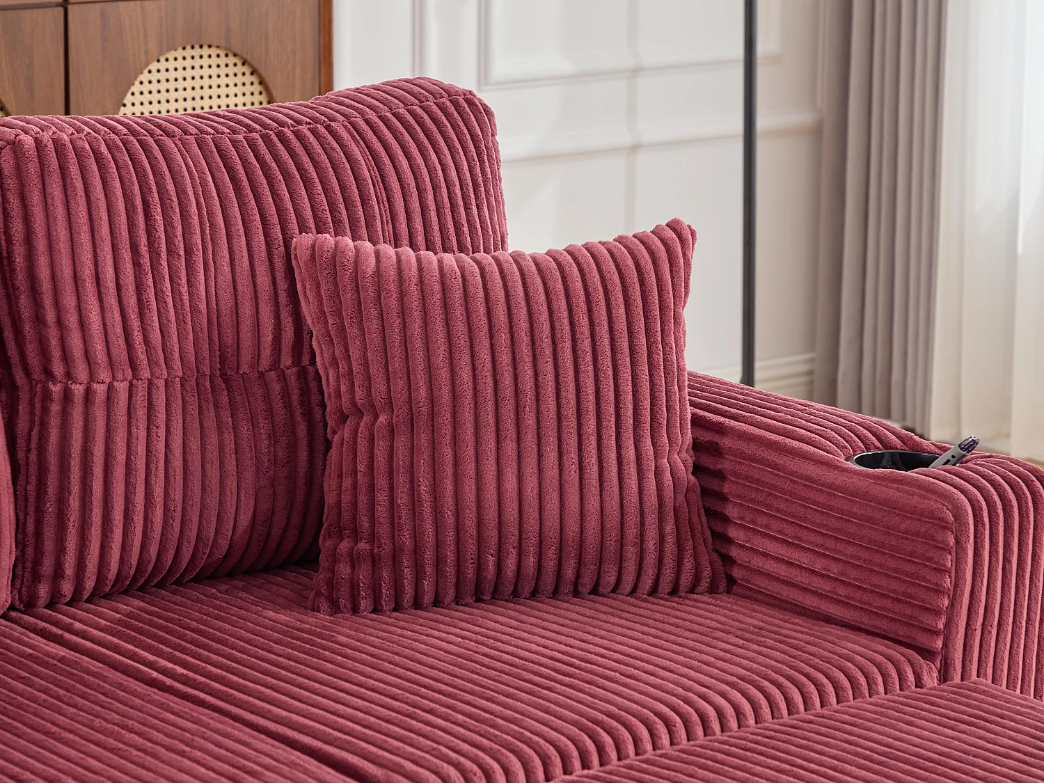 Canapé d'angle modulable 235 cm - Réversible avec méridienne - Velours côtelé - Mousse haute densité + ressorts - 2 coussins offerts - Fuchsia