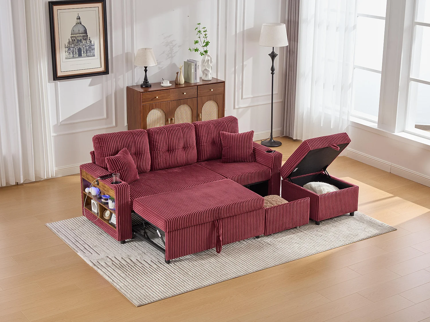 Canapé d'angle modulable 235 cm - Réversible avec méridienne - Velours côtelé - Mousse haute densité + ressorts - 2 coussins offerts - Fuchsia