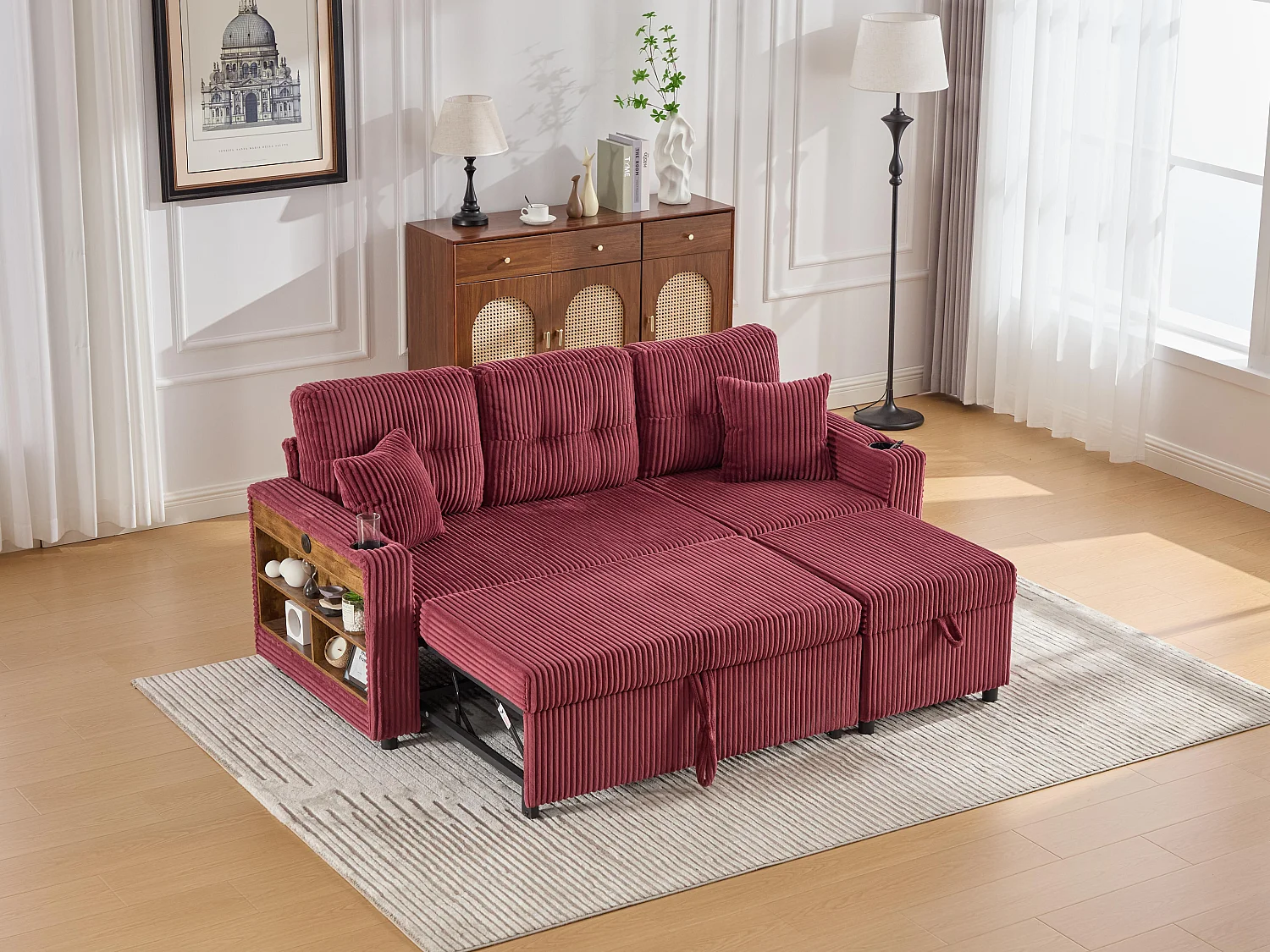 Canapé d'angle modulable 235 cm - Réversible avec méridienne - Velours côtelé - Mousse haute densité + ressorts - 2 coussins offerts - Fuchsia