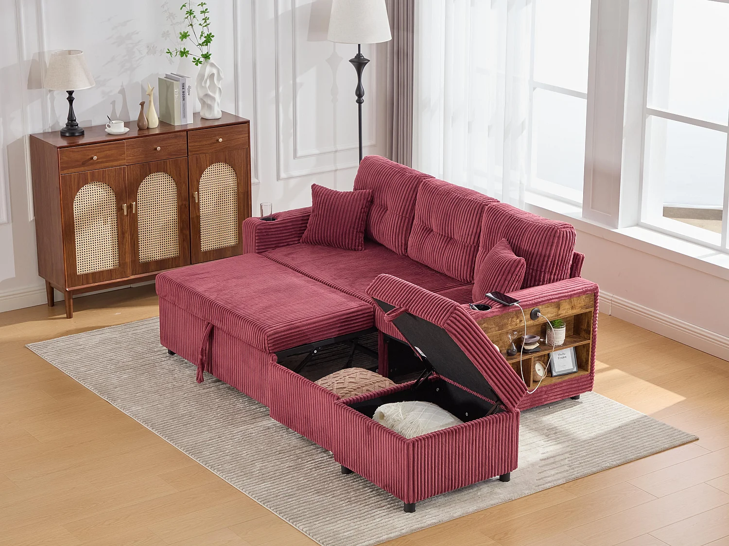 Canapé d'angle modulable 235 cm - Réversible avec méridienne - Velours côtelé - Mousse haute densité + ressorts - 2 coussins offerts - Fuchsia