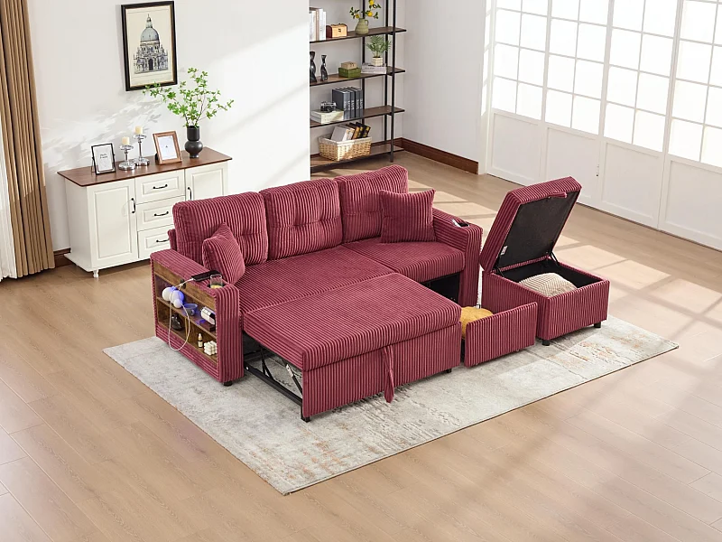 Allurex 2.0 - Canapé 3 Places Convertible - Canapé d’angle Modulable - Pouf Amovible et Rangements - USB et Type-C - Avec LED - Parfait Studio et Appartement