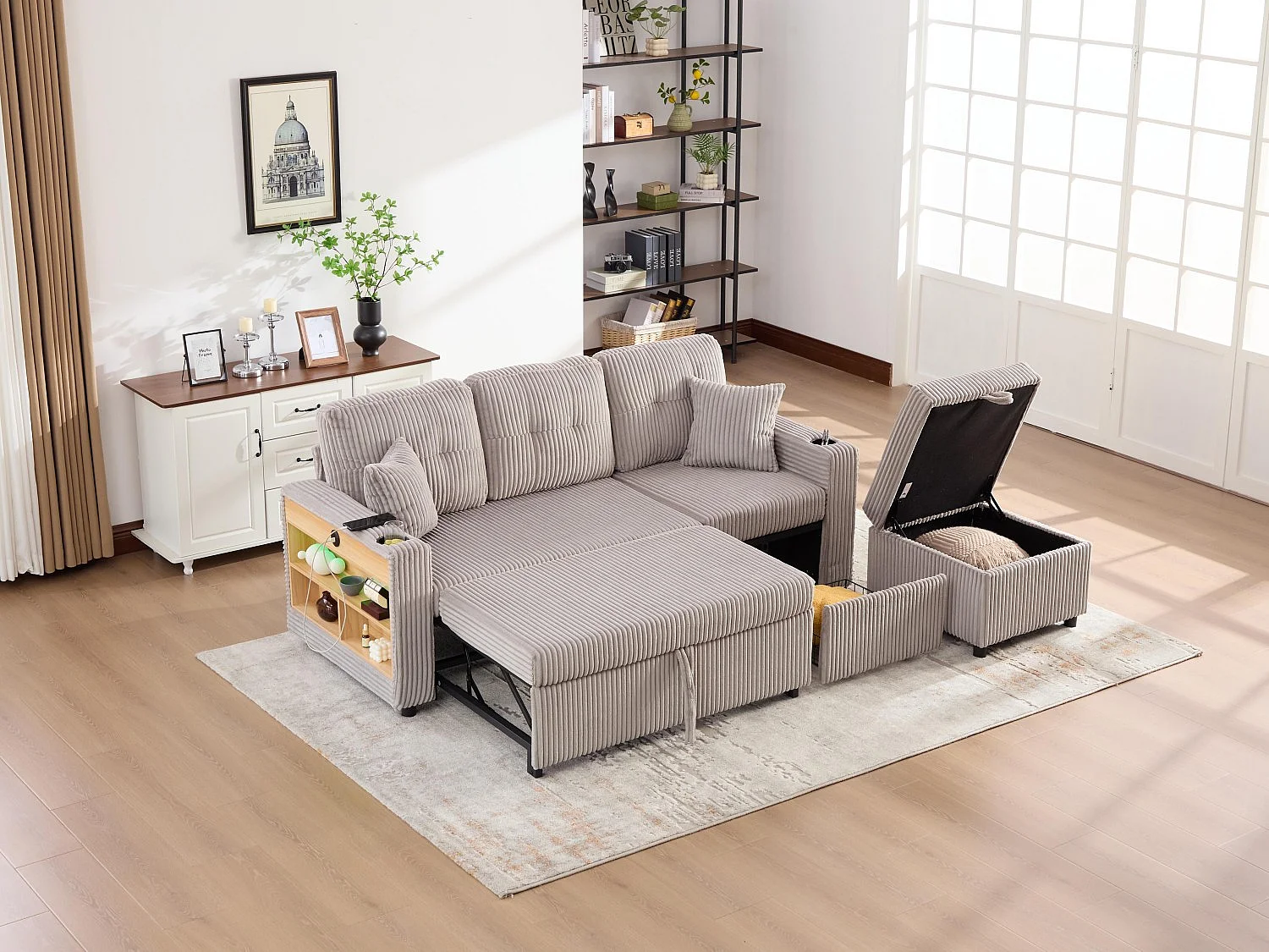 Allurex 2.0 - Canapé 3 Places Convertible - Canapé d’angle Modulable - Pouf Amovible et Rangements - USB et Type-C - Avec LED - Parfait Studio et Appartement