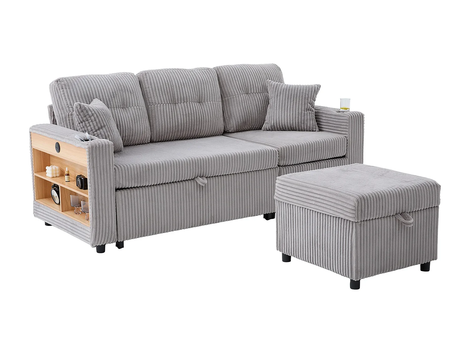 Allurex 2.0 - Canapé 3 Places Convertible - Canapé d’angle Modulable - Pouf Amovible et Rangements - USB et Type-C - Avec LED - Parfait Studio et Appartement