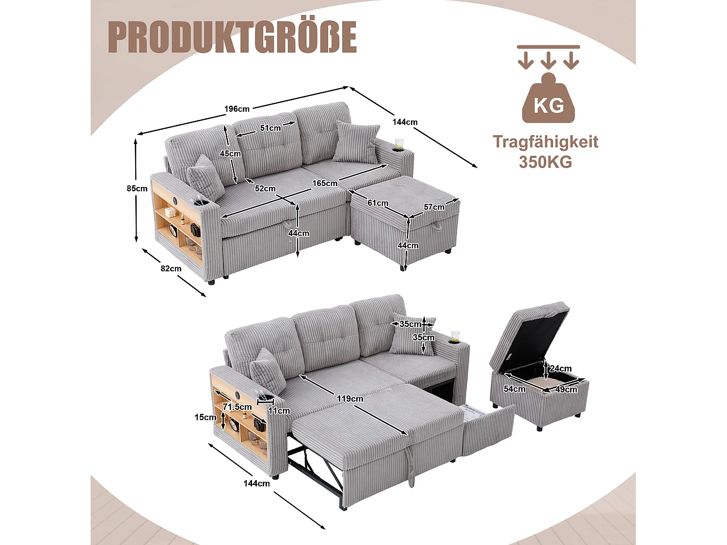 Allurex 2.0 - Canapé 3 Places Convertible - Canapé d’angle Modulable - Pouf Amovible et Rangements - USB et Type-C - Avec LED - Parfait Studio et Appartement