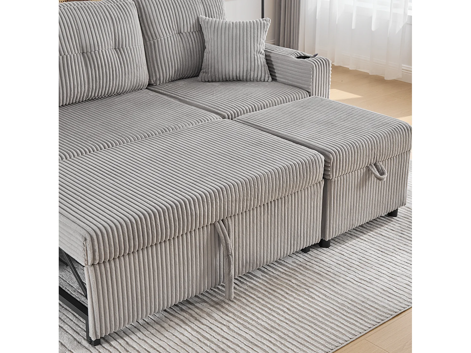 Allurex 2.0 - Canapé 3 Places Convertible - Canapé d’angle Modulable - Pouf Amovible et Rangements - USB et Type-C - Avec LED - Parfait Studio et Appartement