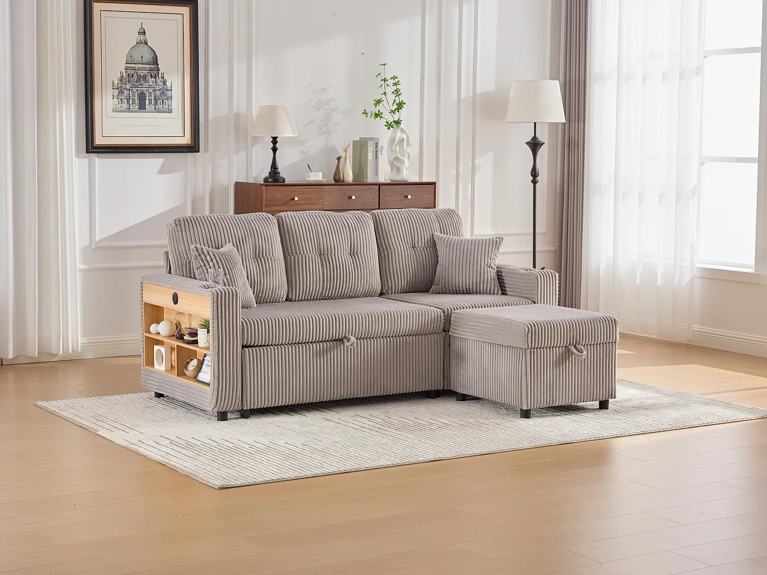 Allurex 2.0 - Canapé 3 Places Convertible - Canapé d’angle Modulable - Pouf Amovible et Rangements - USB et Type-C - Avec LED - Parfait Studio et Appartement