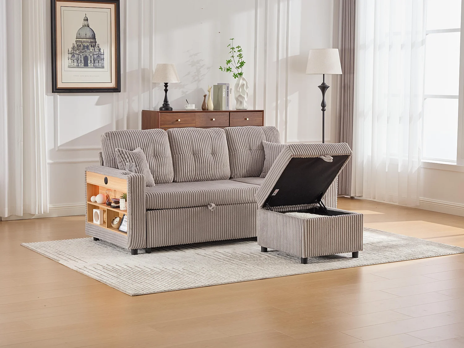 Allurex 2.0 - Canapé 3 Places Convertible - Canapé d’angle Modulable - Pouf Amovible et Rangements - USB et Type-C - Avec LED - Parfait Studio et Appartement
