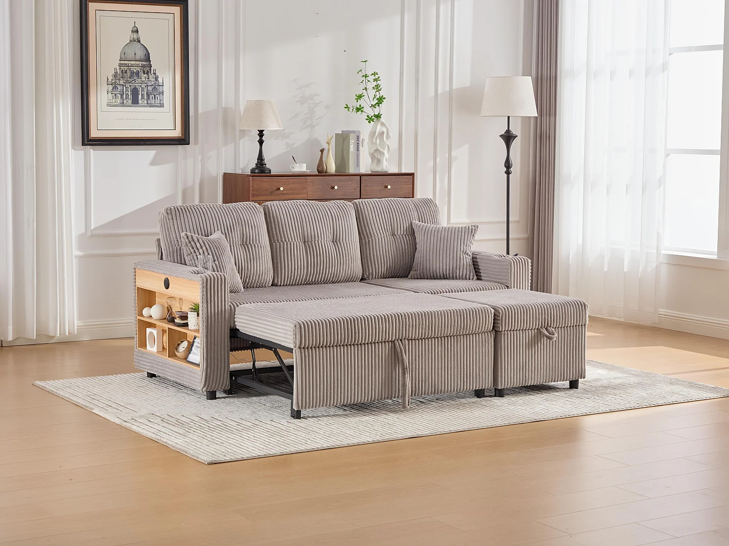 Allurex 2.0 - Canapé 3 Places Convertible - Canapé d’angle Modulable - Pouf Amovible et Rangements - USB et Type-C - Avec LED - Parfait Studio et Appartement