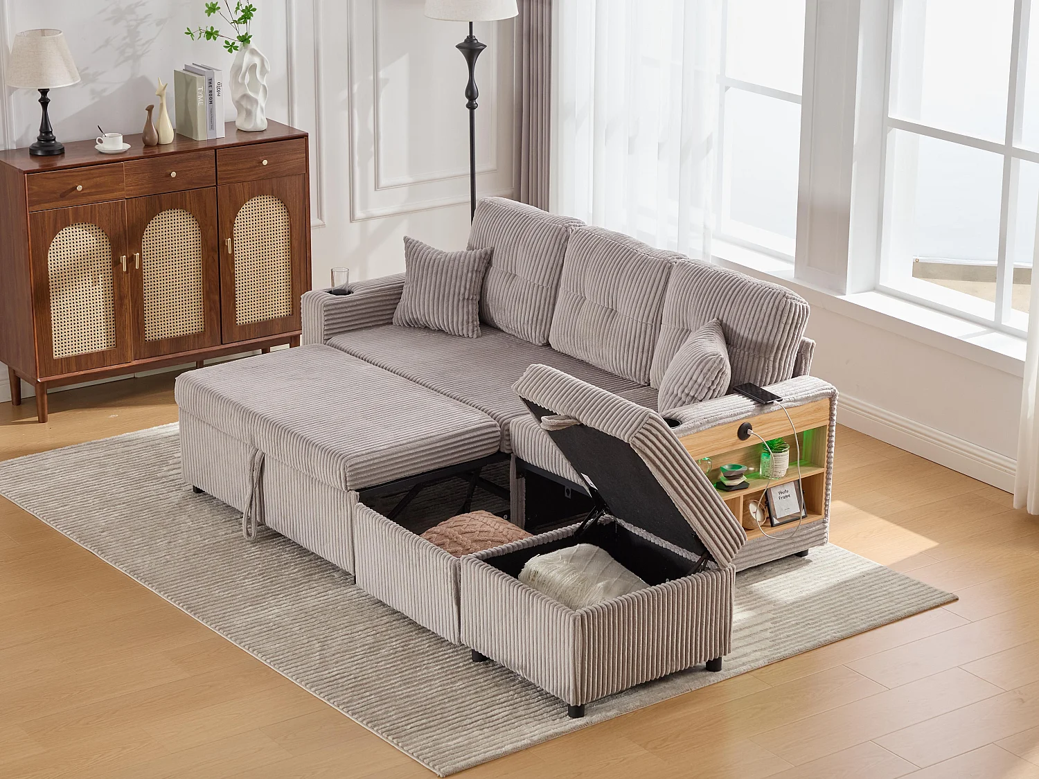 Allurex 2.0 - Canapé 3 Places Convertible - Canapé d’angle Modulable - Pouf Amovible et Rangements - USB et Type-C - Avec LED - Parfait Studio et Appartement