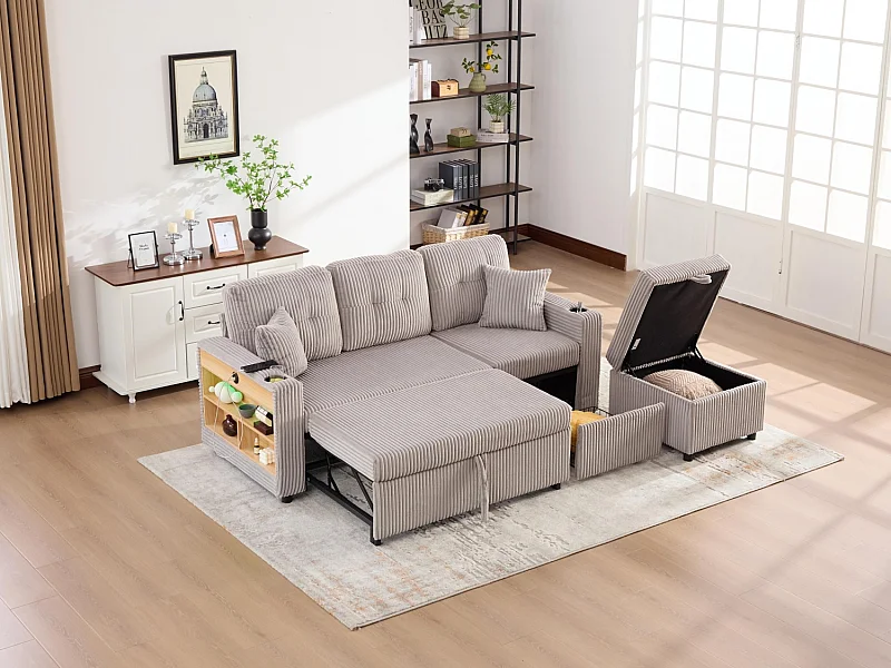 Allurex 2.0 - Canapé 3 Places Convertible - Canapé d’angle Modulable - Pouf Amovible et Rangements - USB et Type-C - Avec LED - Parfait Studio et Appartement