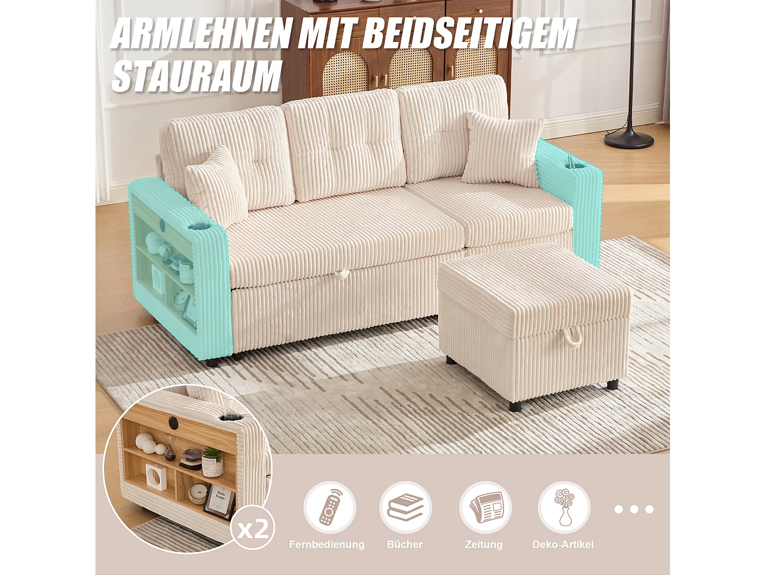 Allurex 2.0 - Canapé 3 Places Convertible - Canapé d’angle Modulable - Pouf Amovible et Rangements - USB et Type-C - Avec LED - Parfait Studio et Appartement