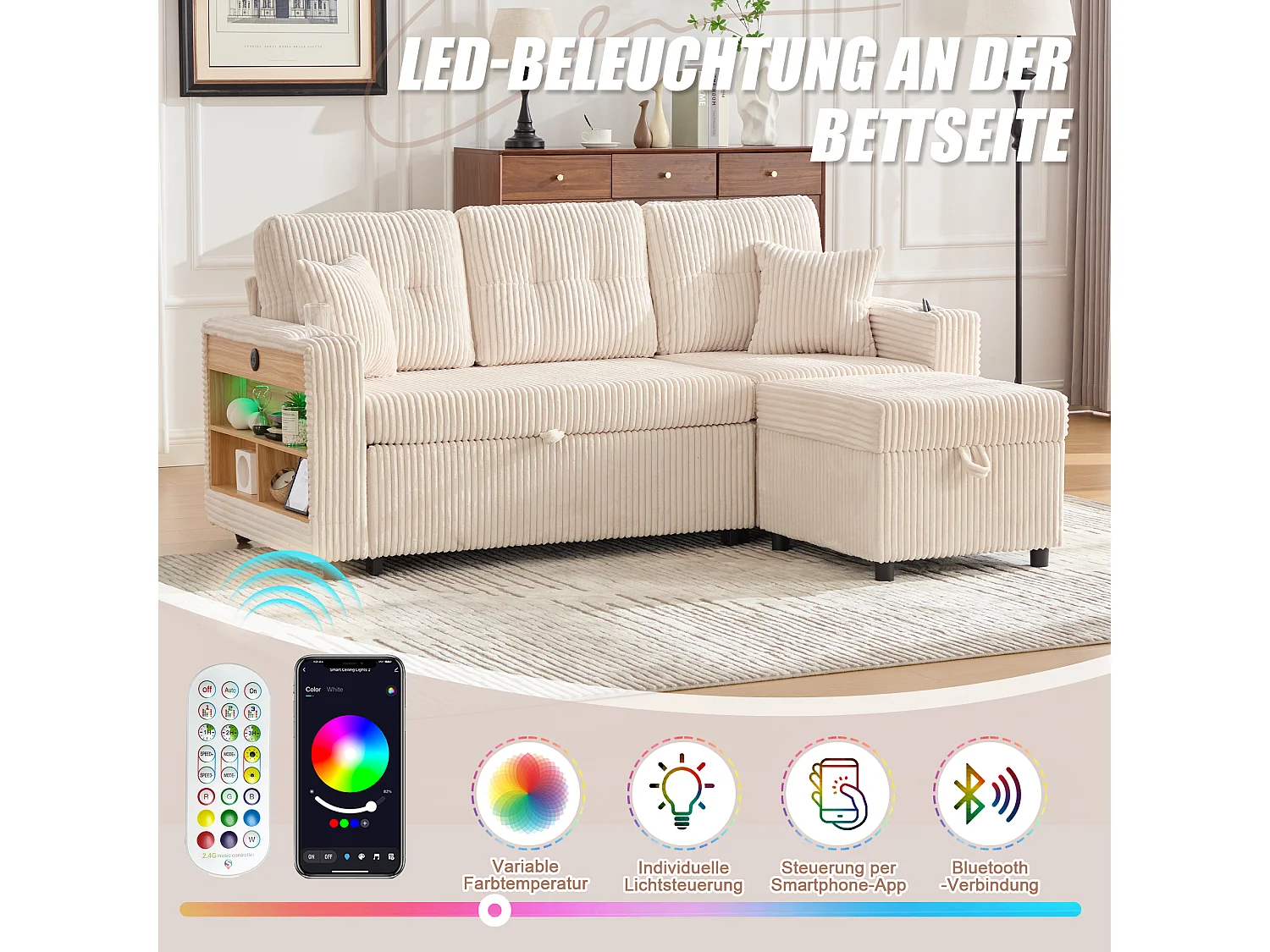 Allurex 2.0 - Canapé 3 Places Convertible - Canapé d’angle Modulable - Pouf Amovible et Rangements - USB et Type-C - Avec LED - Parfait Studio et Appartement