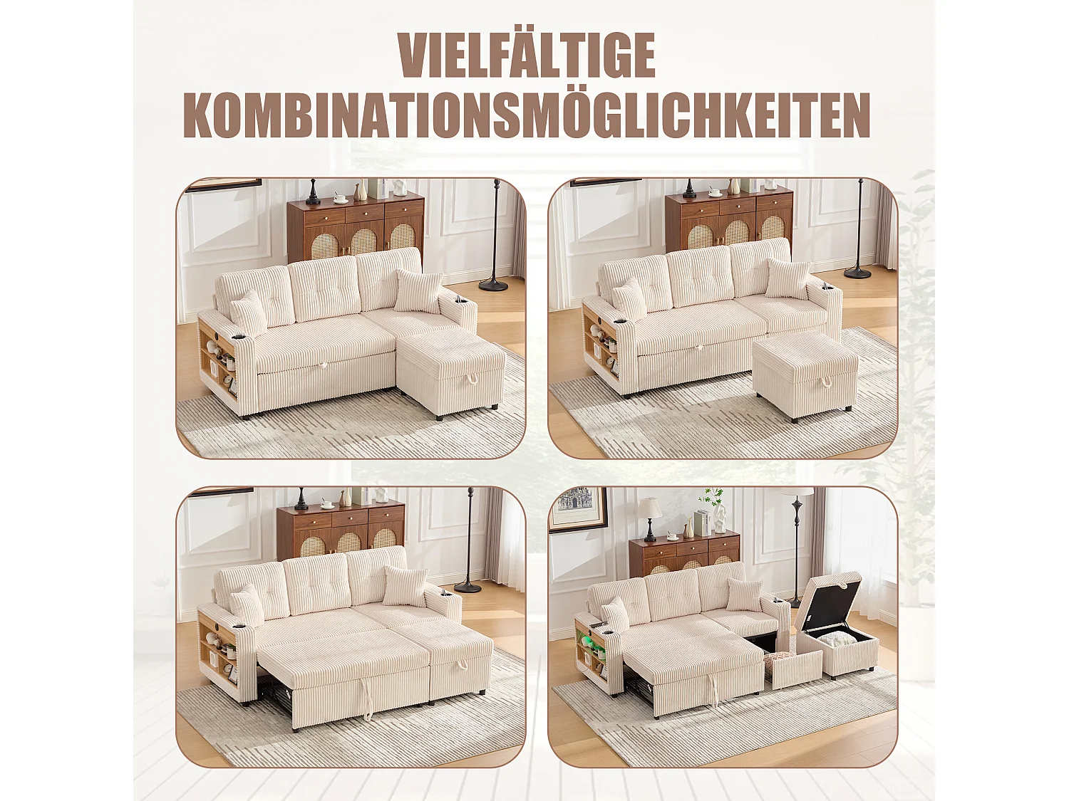 Allurex 2.0 - Canapé 3 Places Convertible - Canapé d’angle Modulable - Pouf Amovible et Rangements - USB et Type-C - Avec LED - Parfait Studio et Appartement