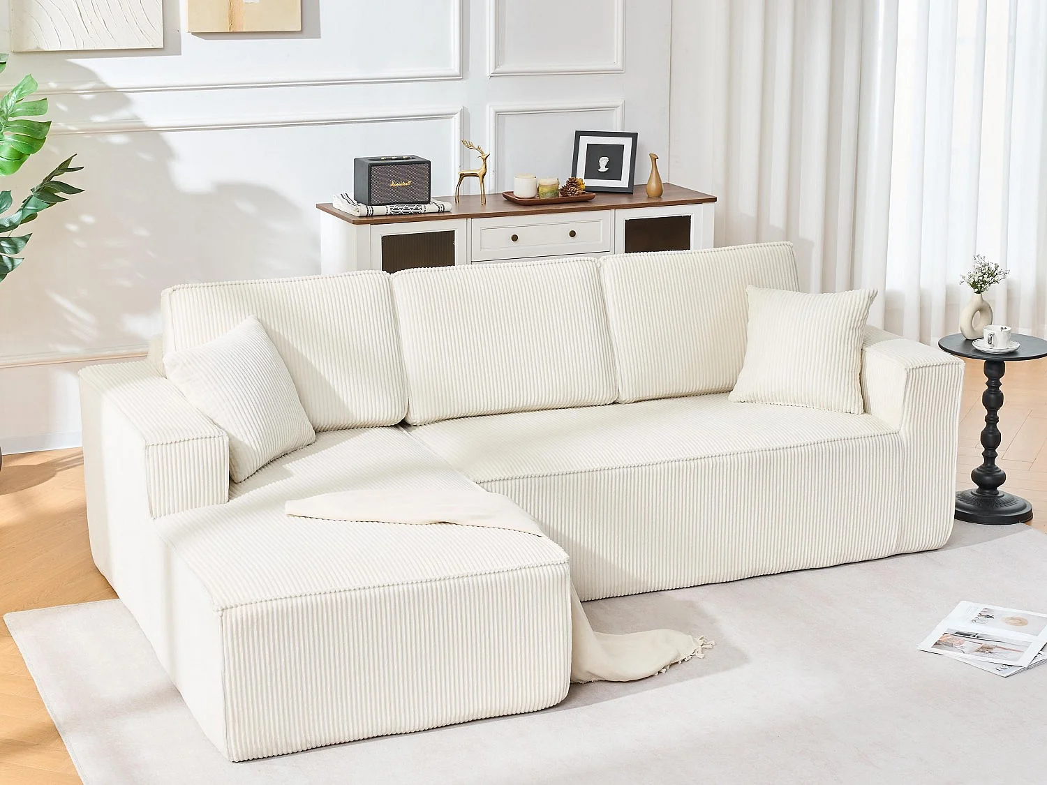 Canapé d'angle modulable 235 cm - Réversible avec méridienne - Velours côtelé - Mousse haute densité + ressorts - 2 coussins offerts - Gris