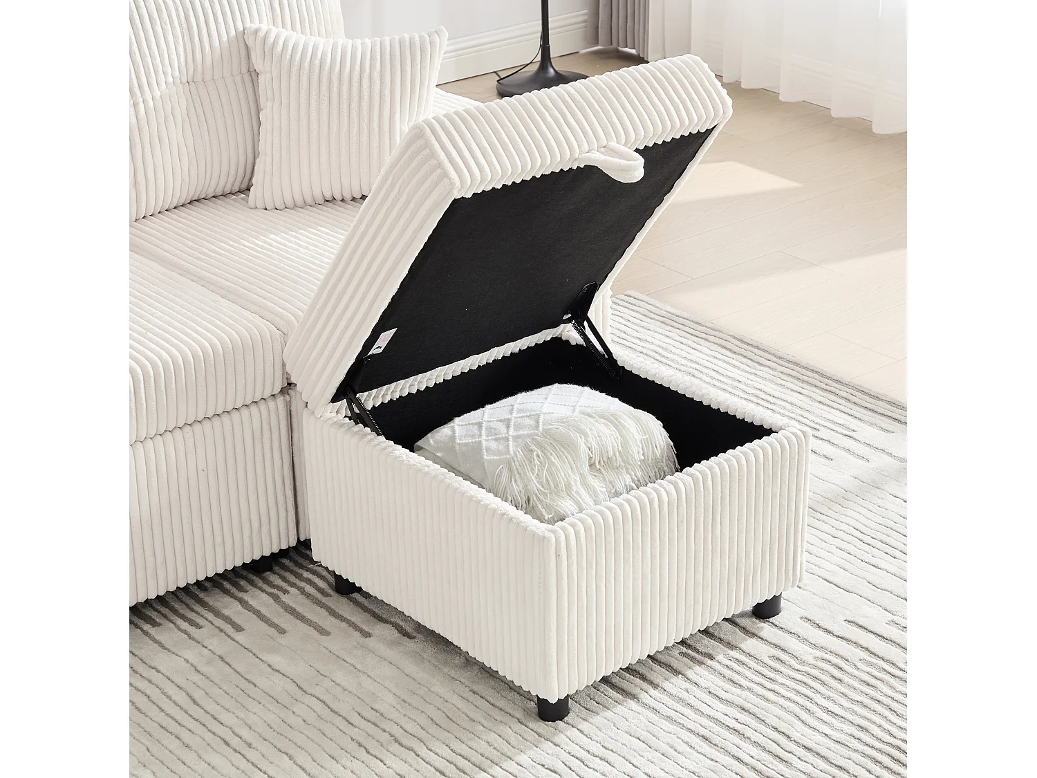 Canapé d'angle modulable 235 cm - Réversible avec méridienne - Velours côtelé - Mousse haute densité + ressorts - 2 coussins offerts - Gris