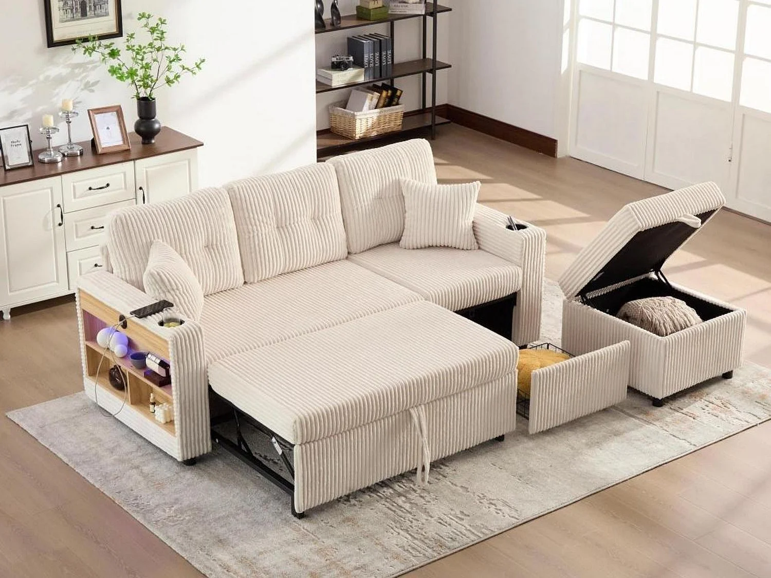 Allurex 2.0 - Canapé 3 Places Convertible - Canapé d’angle Modulable - Pouf Amovible et Rangements - USB et Type-C - Avec LED - Parfait Studio et Appartement