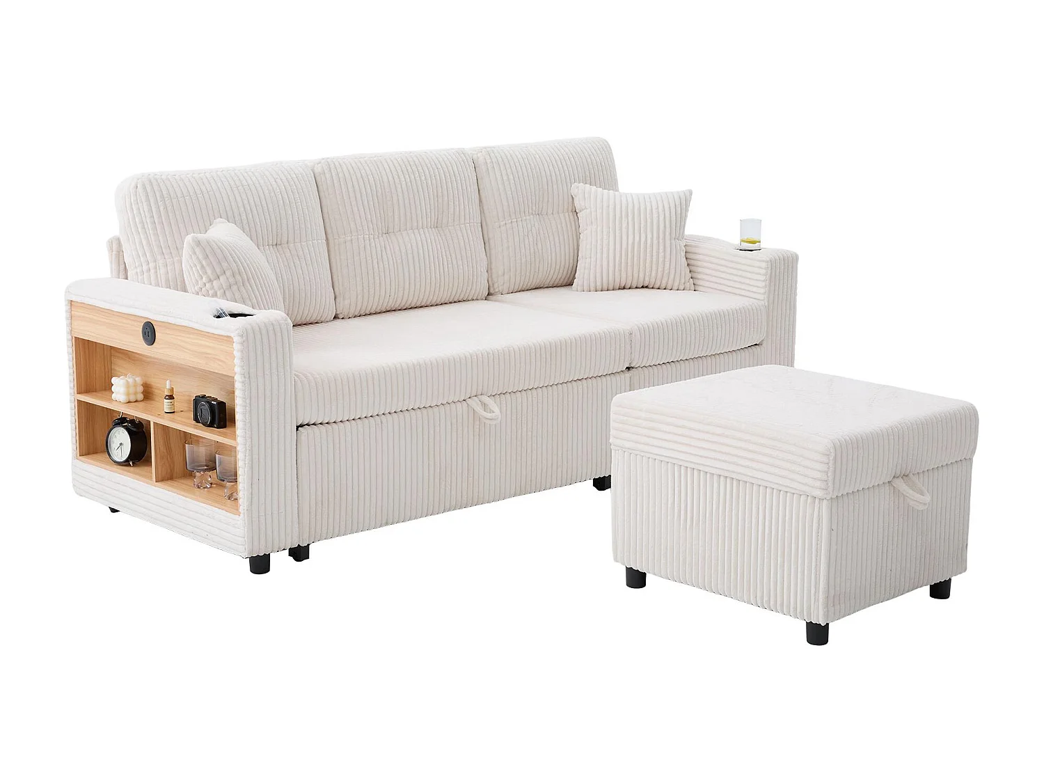 Allurex 2.0 - Canapé 3 Places Convertible - Canapé d’angle Modulable - Pouf Amovible et Rangements - USB et Type-C - Avec LED - Parfait Studio et Appartement