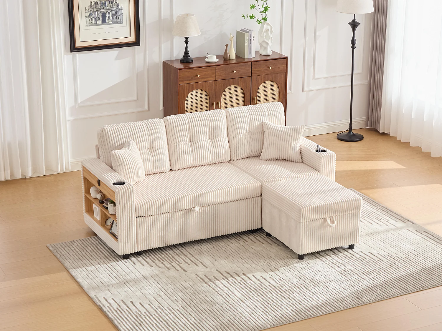 Allurex 2.0 - Canapé 3 Places Convertible - Canapé d’angle Modulable - Pouf Amovible et Rangements - USB et Type-C - Avec LED - Parfait Studio et Appartement