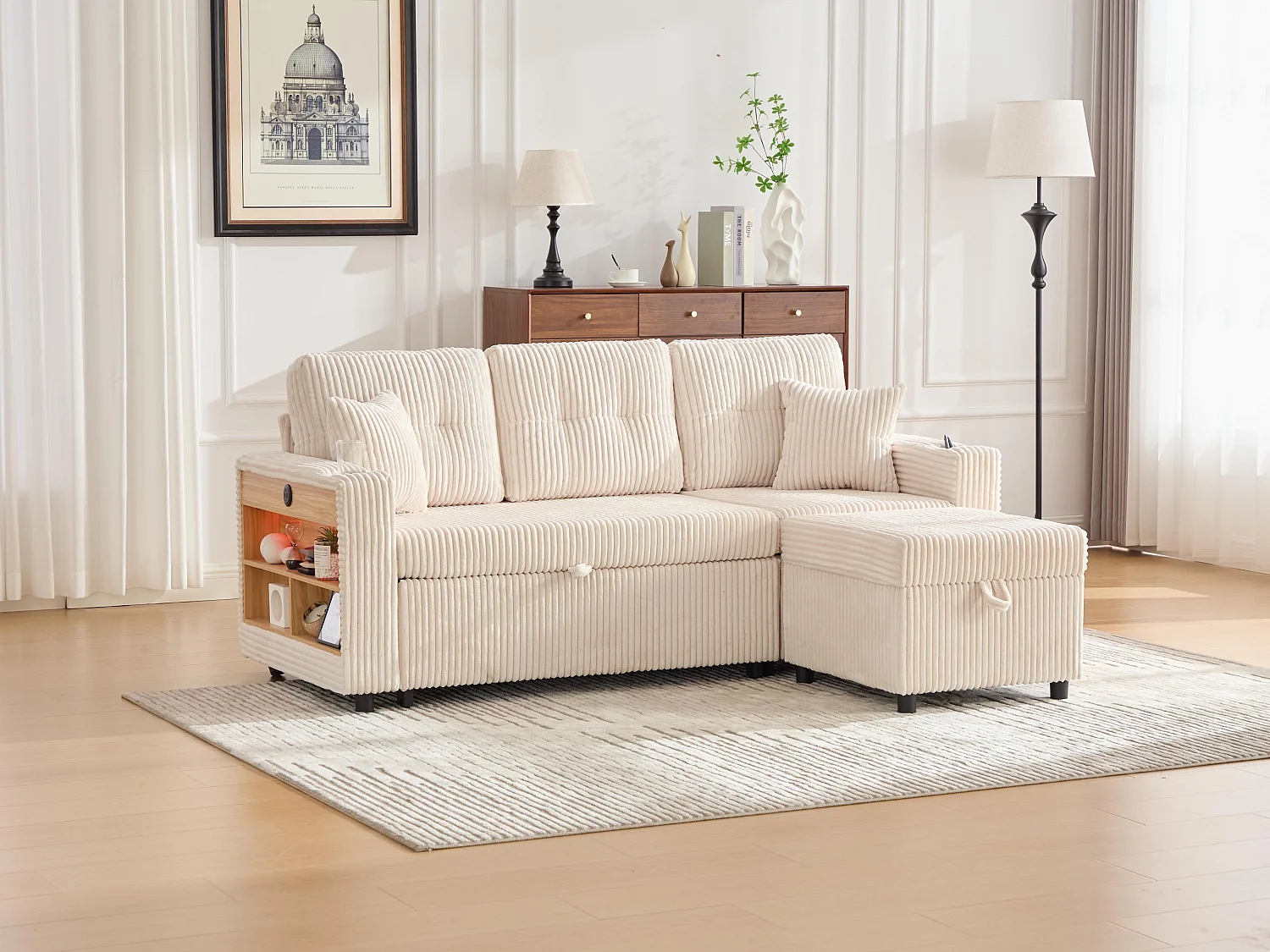Allurex 2.0 - Canapé 3 Places Convertible - Canapé d’angle Modulable - Pouf Amovible et Rangements - USB et Type-C - Avec LED - Parfait Studio et Appartement