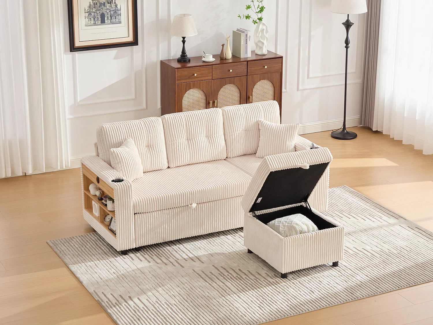 Allurex 2.0 - Canapé 3 Places Convertible - Canapé d’angle Modulable - Pouf Amovible et Rangements - USB et Type-C - Avec LED - Parfait Studio et Appartement