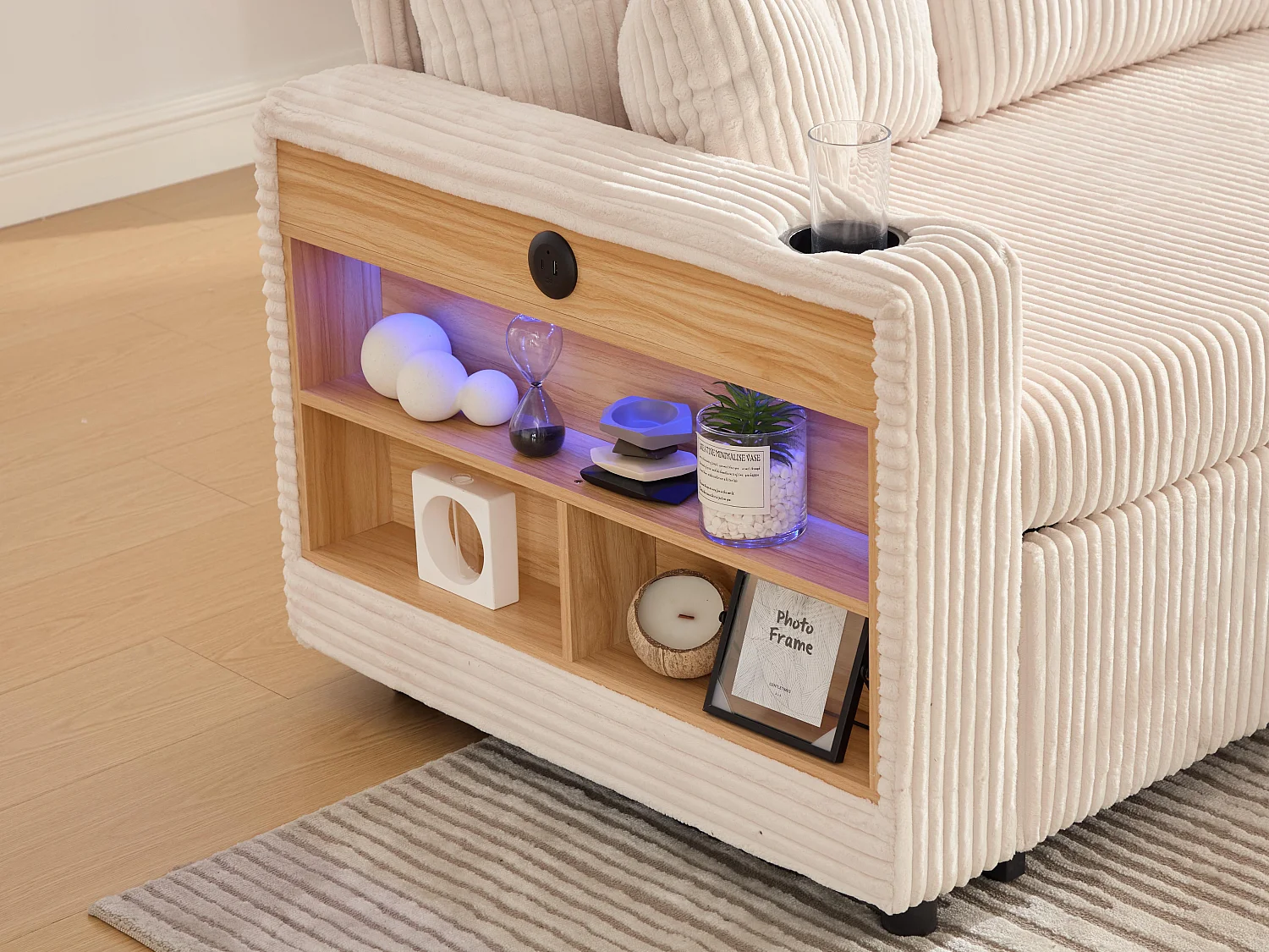 Allurex 2.0 - Canapé 3 Places Convertible - Canapé d’angle Modulable - Pouf Amovible et Rangements - USB et Type-C - Avec LED - Parfait Studio et Appartement