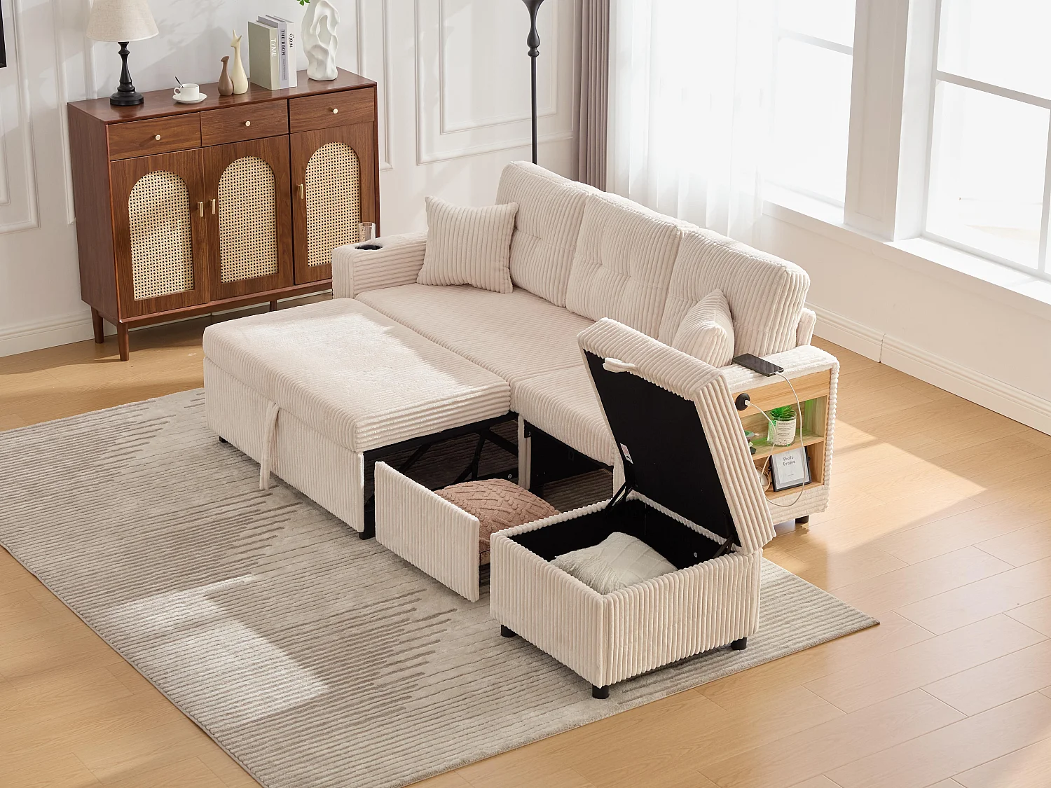 Allurex 2.0 - Canapé 3 Places Convertible - Canapé d’angle Modulable - Pouf Amovible et Rangements - USB et Type-C - Avec LED - Parfait Studio et Appartement