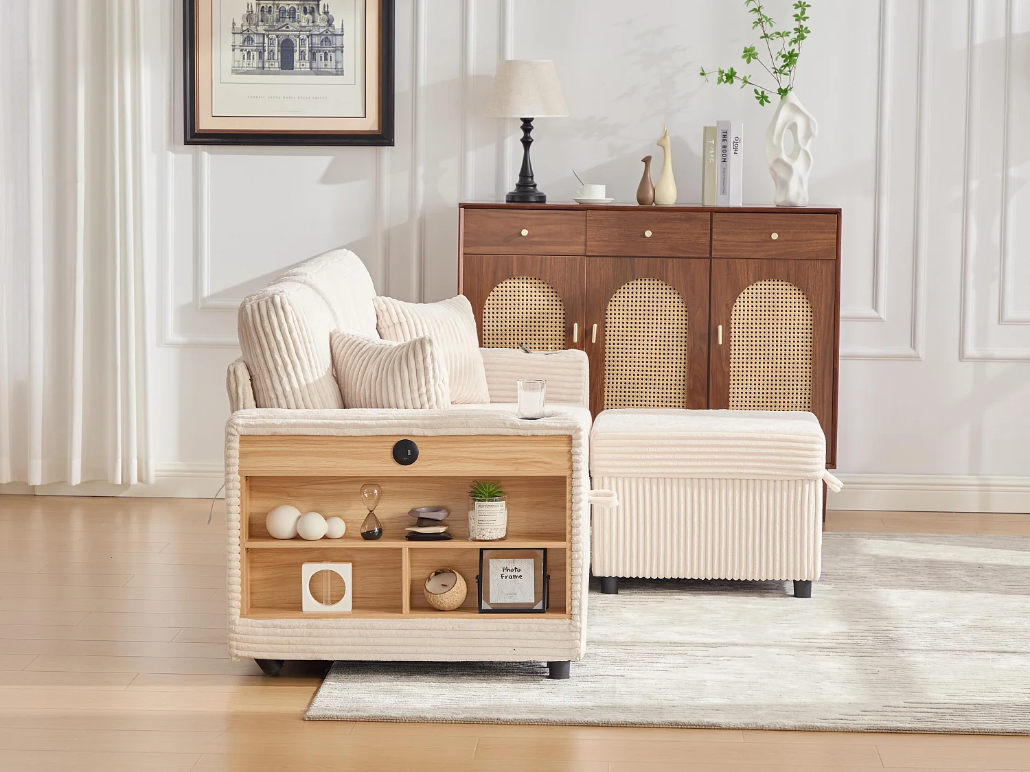 Allurex 2.0 - Canapé 3 Places Convertible - Canapé d’angle Modulable - Pouf Amovible et Rangements - USB et Type-C - Avec LED - Parfait Studio et Appartement