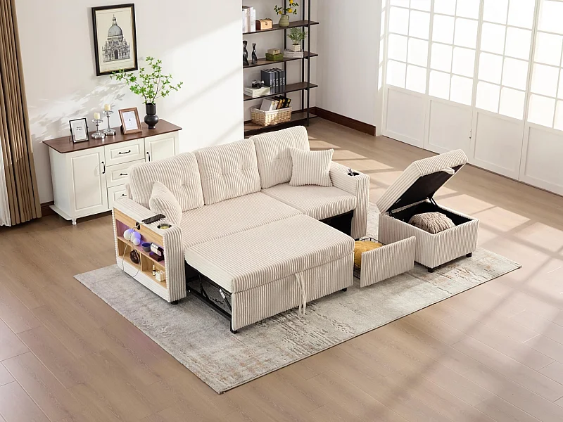 Allurex 2.0 - Canapé 3 Places Convertible - Canapé d’angle Modulable - Pouf Amovible et Rangements - USB et Type-C - Avec LED - Parfait Studio et Appartement