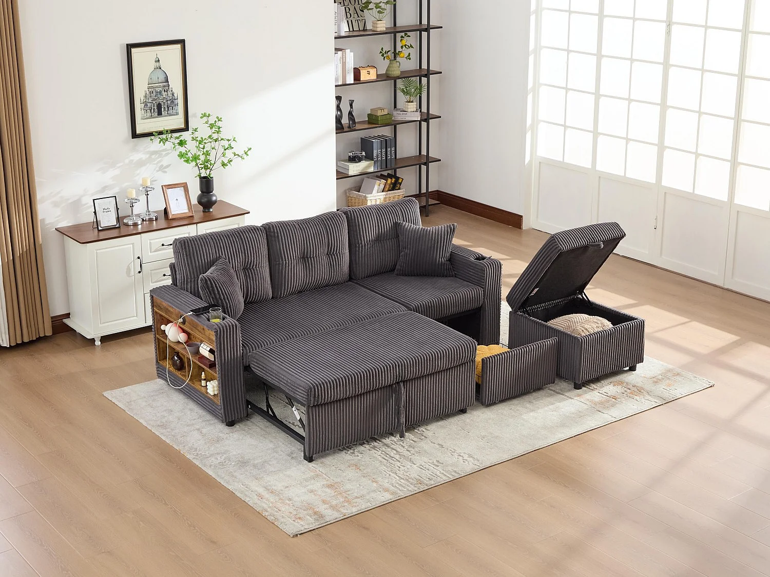 Allurex 2.0 - Canapé 3 Places Convertible - Canapé d’angle Modulable - Pouf Amovible et Rangements - USB et Type-C - Avec LED - Parfait Studio et Appartement