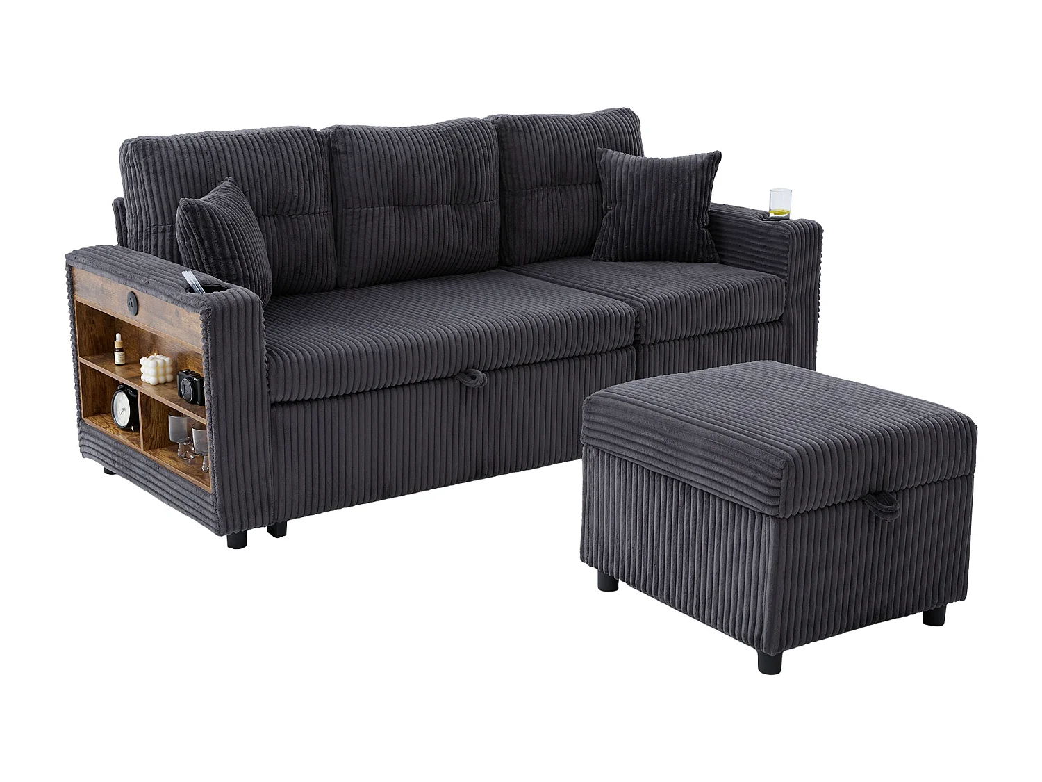 Allurex 2.0 - Canapé 3 Places Convertible - Canapé d’angle Modulable - Pouf Amovible et Rangements - USB et Type-C - Avec LED - Parfait Studio et Appartement