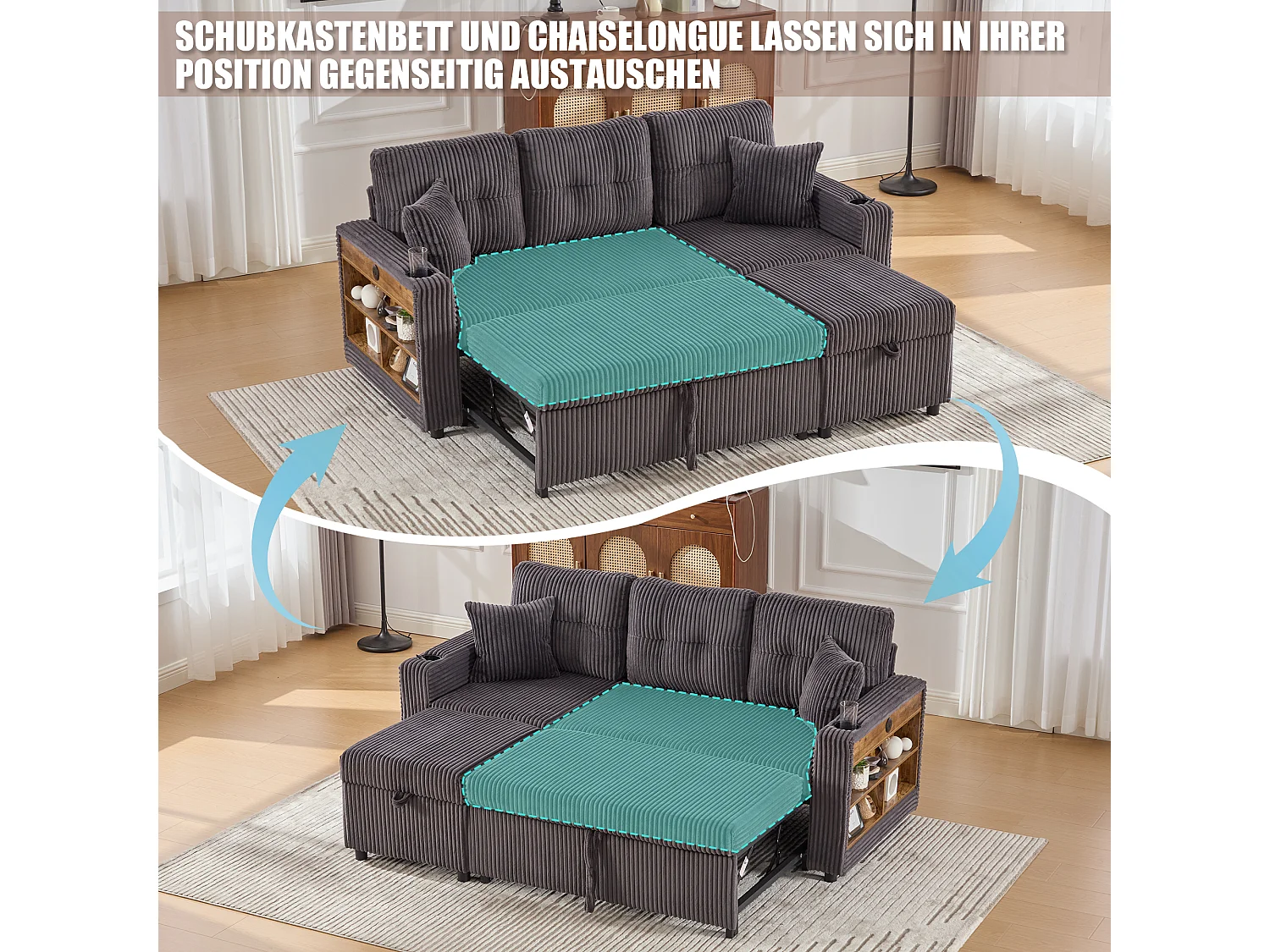 Allurex 2.0 - Canapé 3 Places Convertible - Canapé d’angle Modulable - Pouf Amovible et Rangements - USB et Type-C - Avec LED - Parfait Studio et Appartement