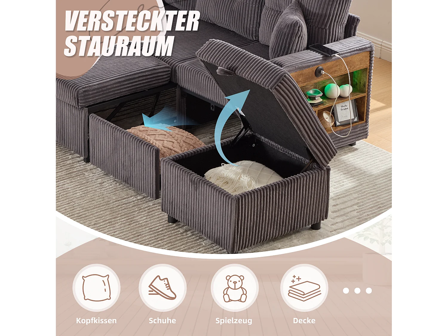 Allurex 2.0 - Canapé 3 Places Convertible - Canapé d’angle Modulable - Pouf Amovible et Rangements - USB et Type-C - Avec LED - Parfait Studio et Appartement