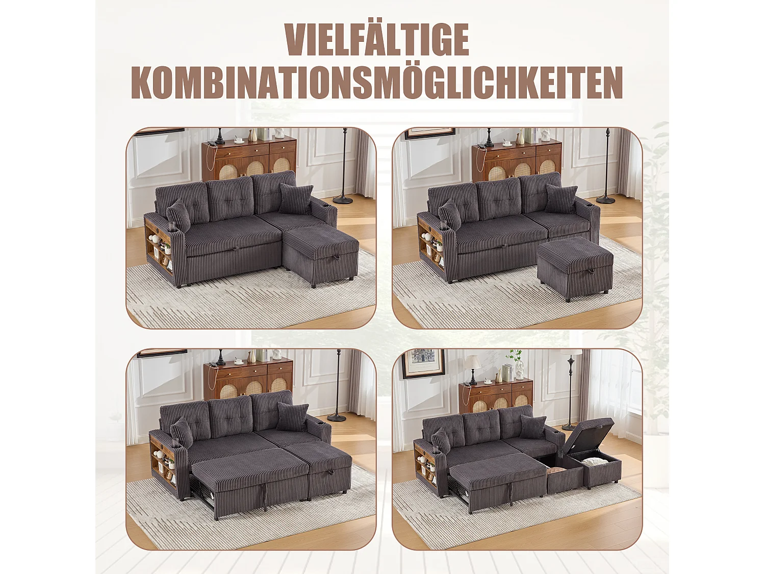 Allurex 2.0 - Canapé 3 Places Convertible - Canapé d’angle Modulable - Pouf Amovible et Rangements - USB et Type-C - Avec LED - Parfait Studio et Appartement