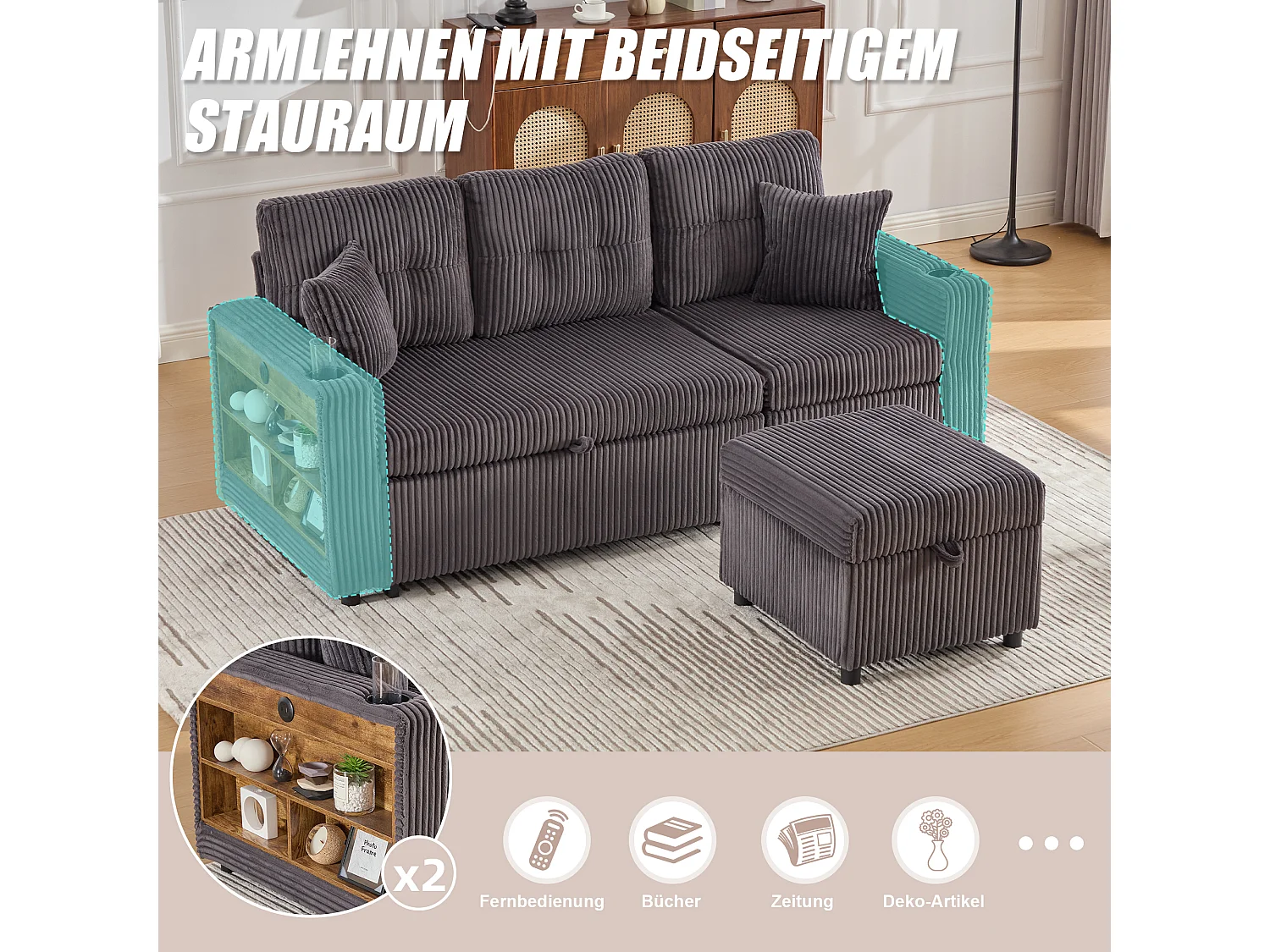 Allurex 2.0 - Canapé 3 Places Convertible - Canapé d’angle Modulable - Pouf Amovible et Rangements - USB et Type-C - Avec LED - Parfait Studio et Appartement