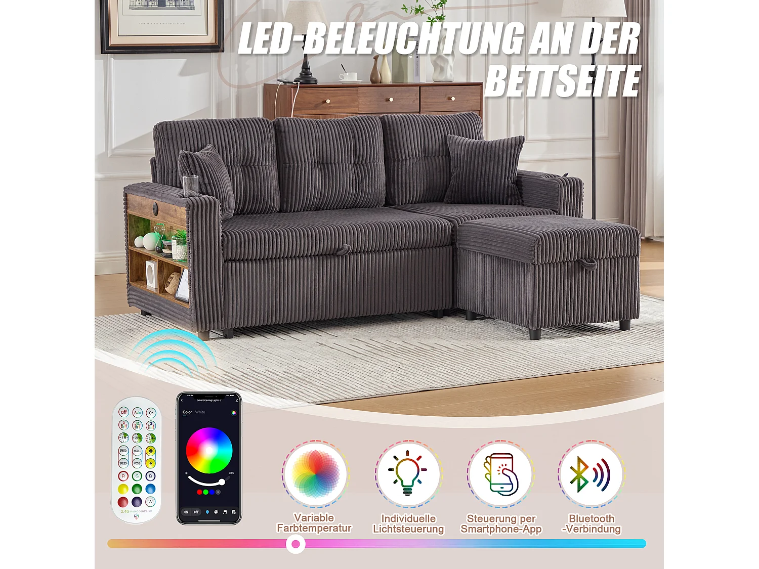 Allurex 2.0 - Canapé 3 Places Convertible - Canapé d’angle Modulable - Pouf Amovible et Rangements - USB et Type-C - Avec LED - Parfait Studio et Appartement