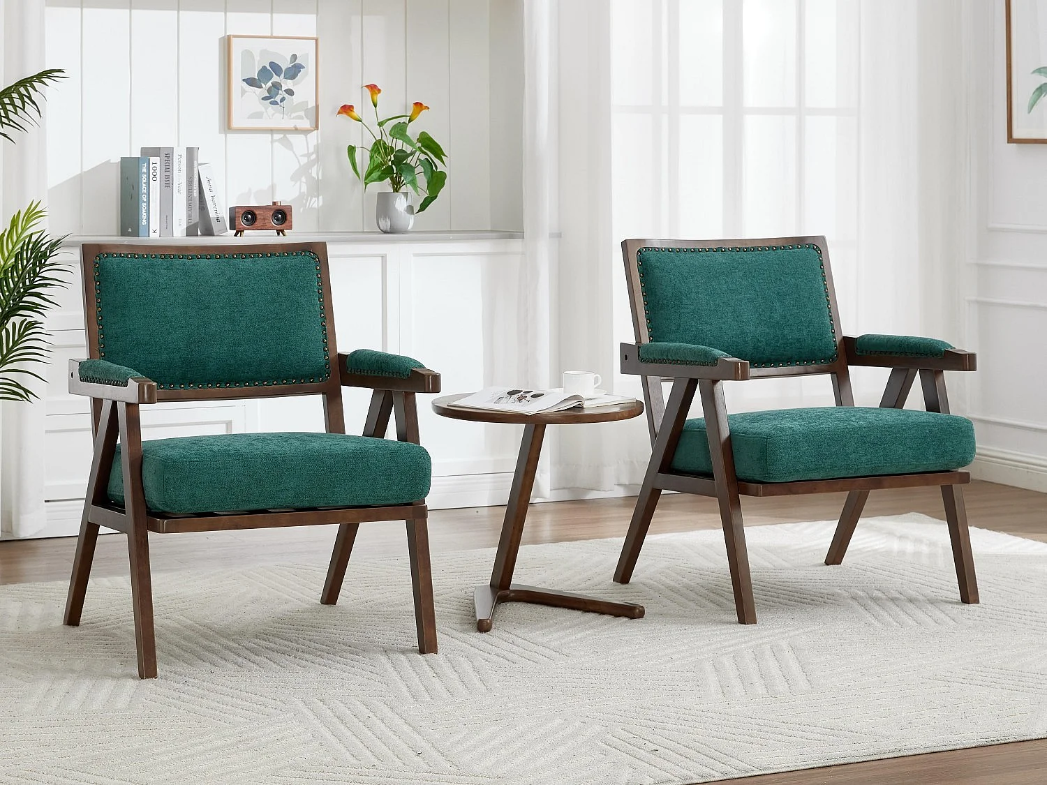 Sienna – Lot de 2 Fauteuils en Coton-Lin Et Bois Massif – Style Vintage avec Dossier Ergonomique – Vert — Confortables pour Salon, Chambre ou Bureau