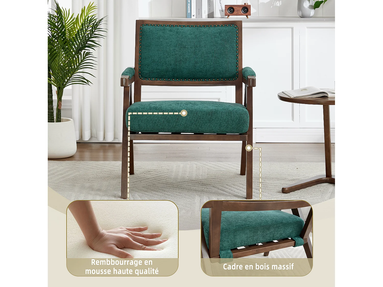 Sienna – Lot de 2 Fauteuils en Coton-Lin Et Bois Massif – Style Vintage avec Dossier Ergonomique – Vert — Confortables pour Salon, Chambre ou Bureau