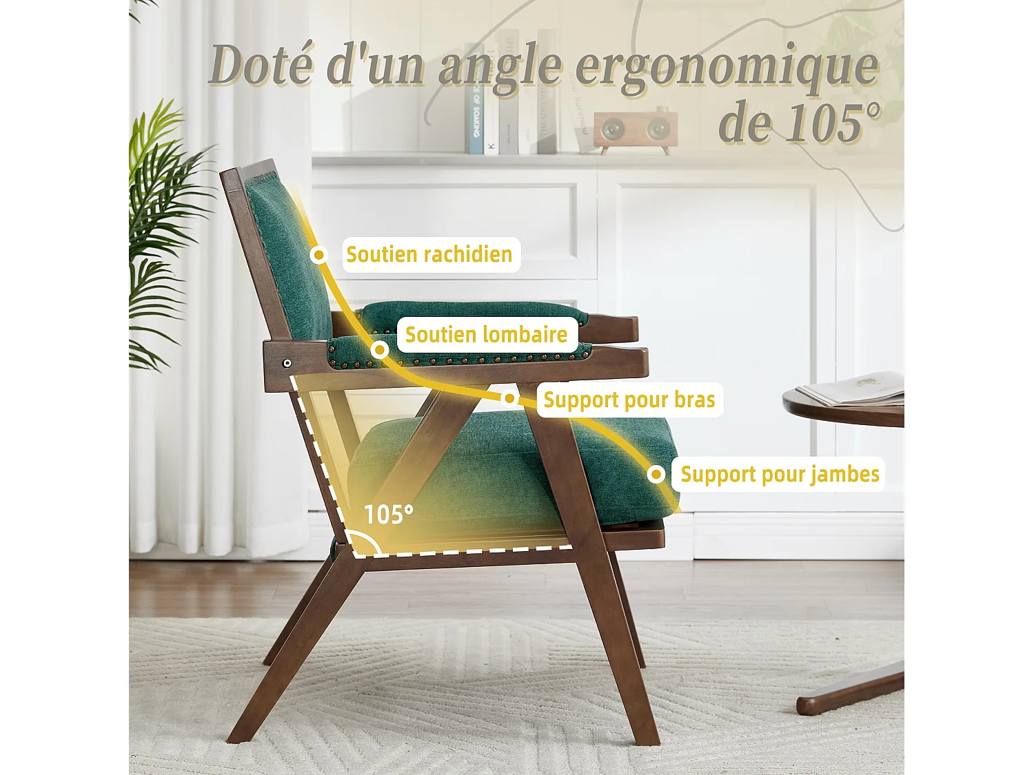 Sienna – Lot de 2 Fauteuils en Coton-Lin Et Bois Massif – Style Vintage avec Dossier Ergonomique – Vert — Confortables pour Salon, Chambre ou Bureau