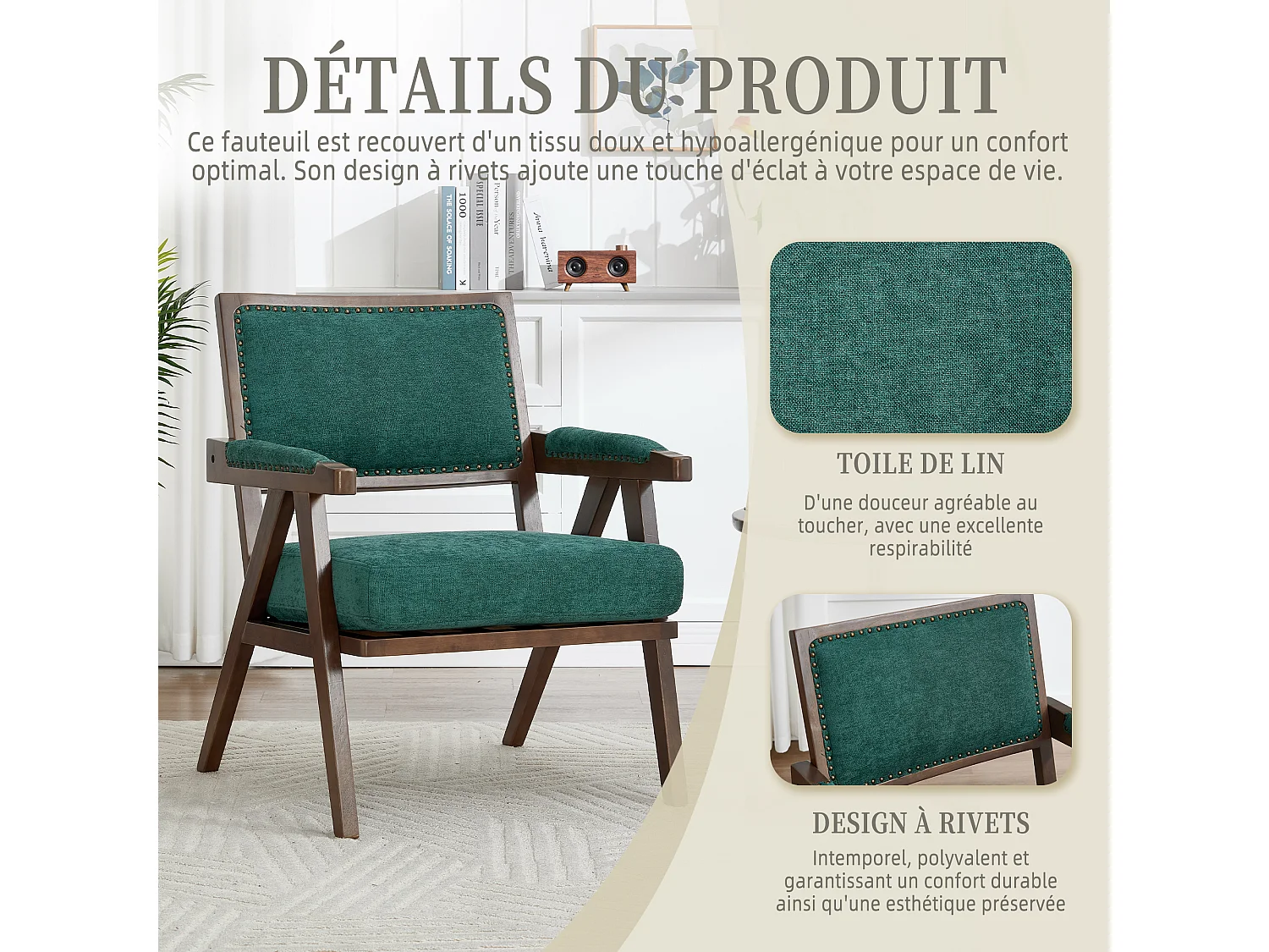 Sienna – Lot de 2 Fauteuils en Coton-Lin Et Bois Massif – Style Vintage avec Dossier Ergonomique – Vert — Confortables pour Salon, Chambre ou Bureau