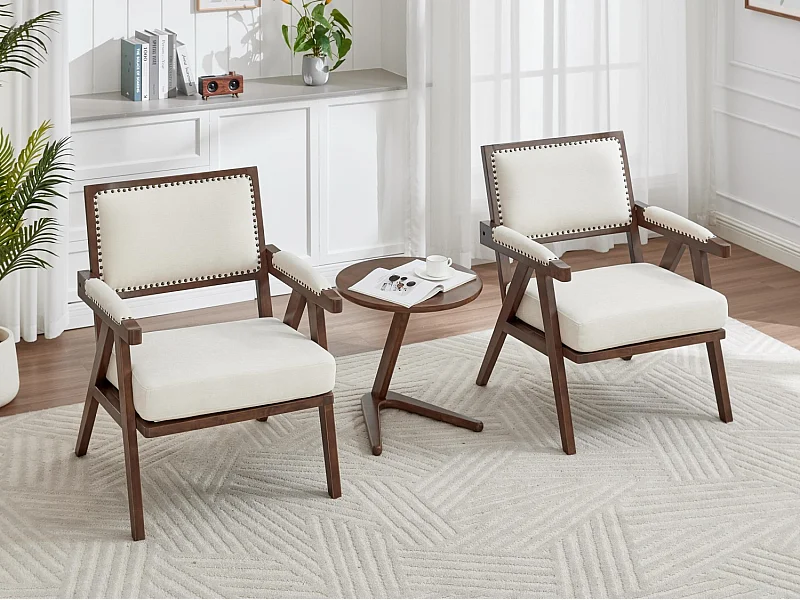 Sienna – Lot de 2 Fauteuils en Coton-Lin Et Bois Massif – Style Vintage avec Dossier Ergonomique – Beige — Confortables pour Salon, Chambre ou Bureau